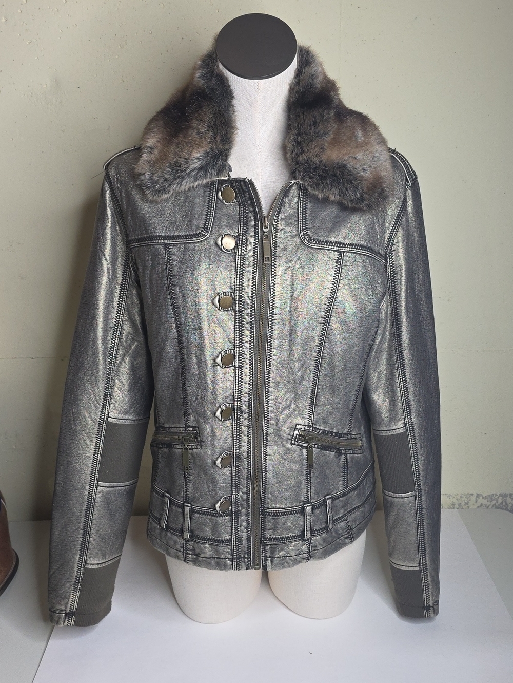 Vintage Metallic Silver Faux Fur Collar Women's Jacket, Large